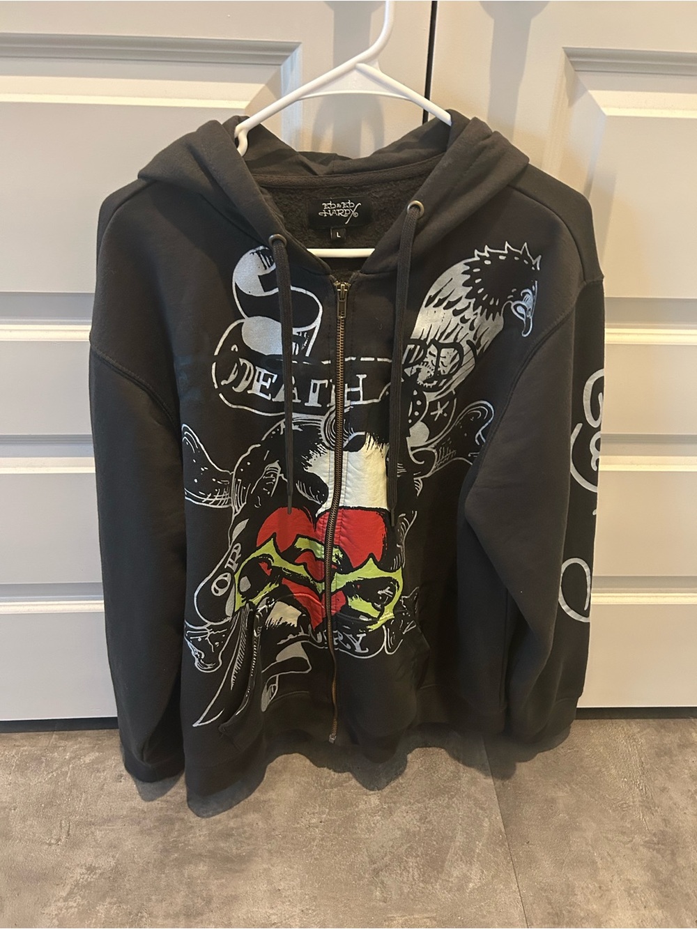 Ed Hardy Grey 'Death or Glory' Heart Zip-Up Hoodie Large - Picture 2 of 5